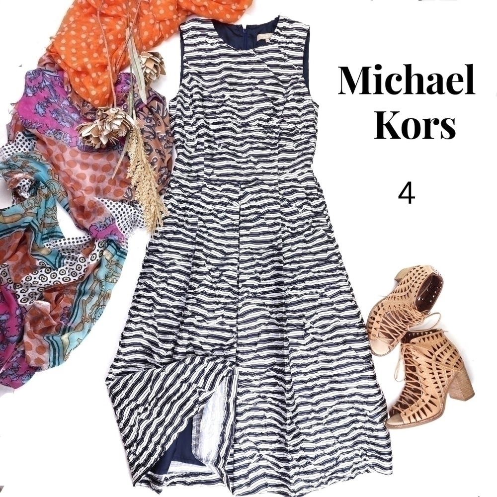 New Michael Kors Amazing Navy White Striped Crinkle Pleated Dress Sz 4